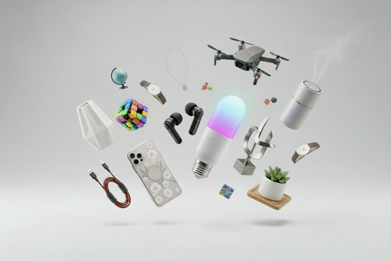 "Design an online store banner displaying a curated mix of dropshipping bestsellers: tiny products, toys, smart gadgets, home décor, and lifestyle accessories. Use a clean, modern layout with soft shadows, floating effects, and a premium feel. Keep the background simple and the products crisp and vibrant. remove the text at the top left insted add the logo of the shop